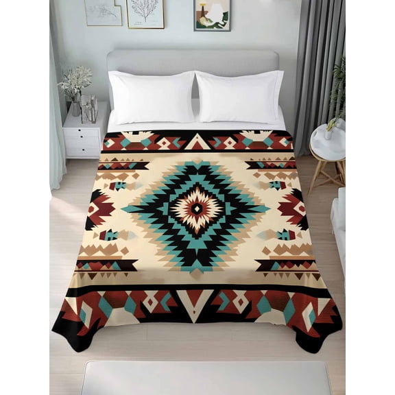 Boho Brown Teal Red Queen Size Flat Sheet, Wrinkleproof & Fadeproof Cooling Flat Bed Sheet Only, Southwestern Geometric Abstract Retro Breathable Soft Bedding Top Sheets 90 x 102 Inches