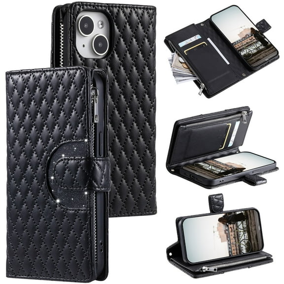SaniMore for iPhone 15 Plus PU Leather Case, 3D Lattice Pattern for Girls Card Slots Zipper Purse Glitter Magnetic Clasp Flip Kicstand [Hand Rope] Full Protection Shockproof, Black