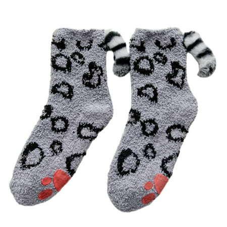 

BESTYO Women Cute Cat Paw Fuzzy Slipper Socks with Grippers 3D Plush Tail Warm Hosiery