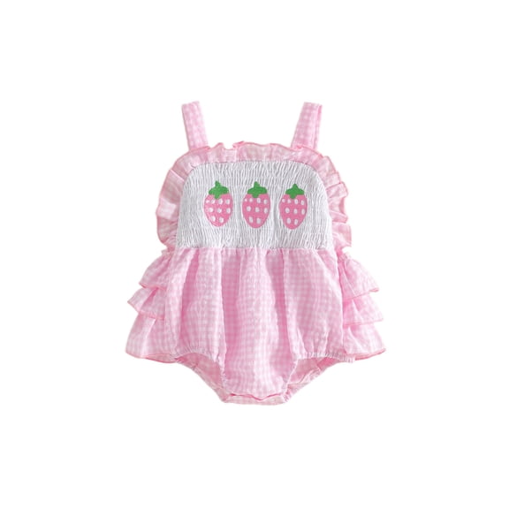 BemeyourBBs Newborn Baby Girl Summer Clothes Strawberry Outfit Smocked Bubble Romper Casual Loose Fit Backless Plaid Ruffled Trim Sleeveless Jumpsuit Playsuit