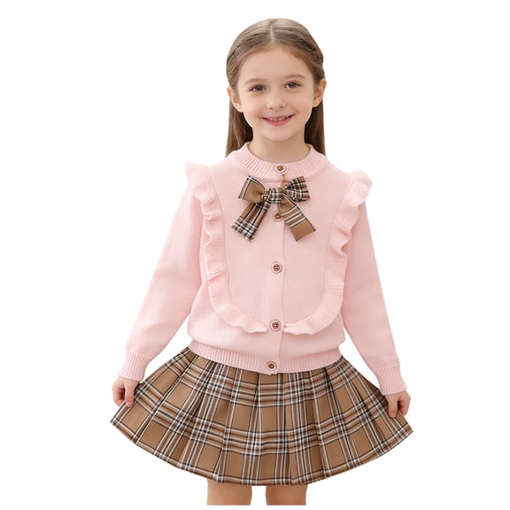 Toddler Girls Skirt Sets Girl's Set Spring and Fall Long Sleeve Knit Cardigan with Stylish Bow and Mini Flared Skirt Two-Piece Set Pleated Skirts Set,2-8 Years