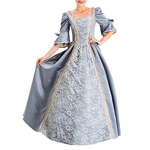 JOANKDMI Victorian Rococo Ball Gown for Women Renaissance Marie Antoinette Costume Square Neck Puff Sleeve Lace Overlay Historical Princess Dress for Halloween Cosplay