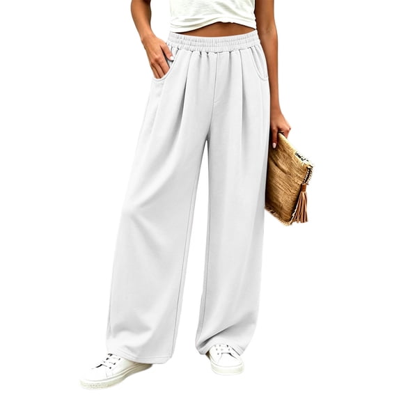 Lyrcatrment Wide Leg Sweatpants for Women Elastic Waisted Pull on Plain Sweat Pant Loose Fitting Pleated Casual Fall Trendy Loungewear Baggy Pants with Pockets(White,X-Large)