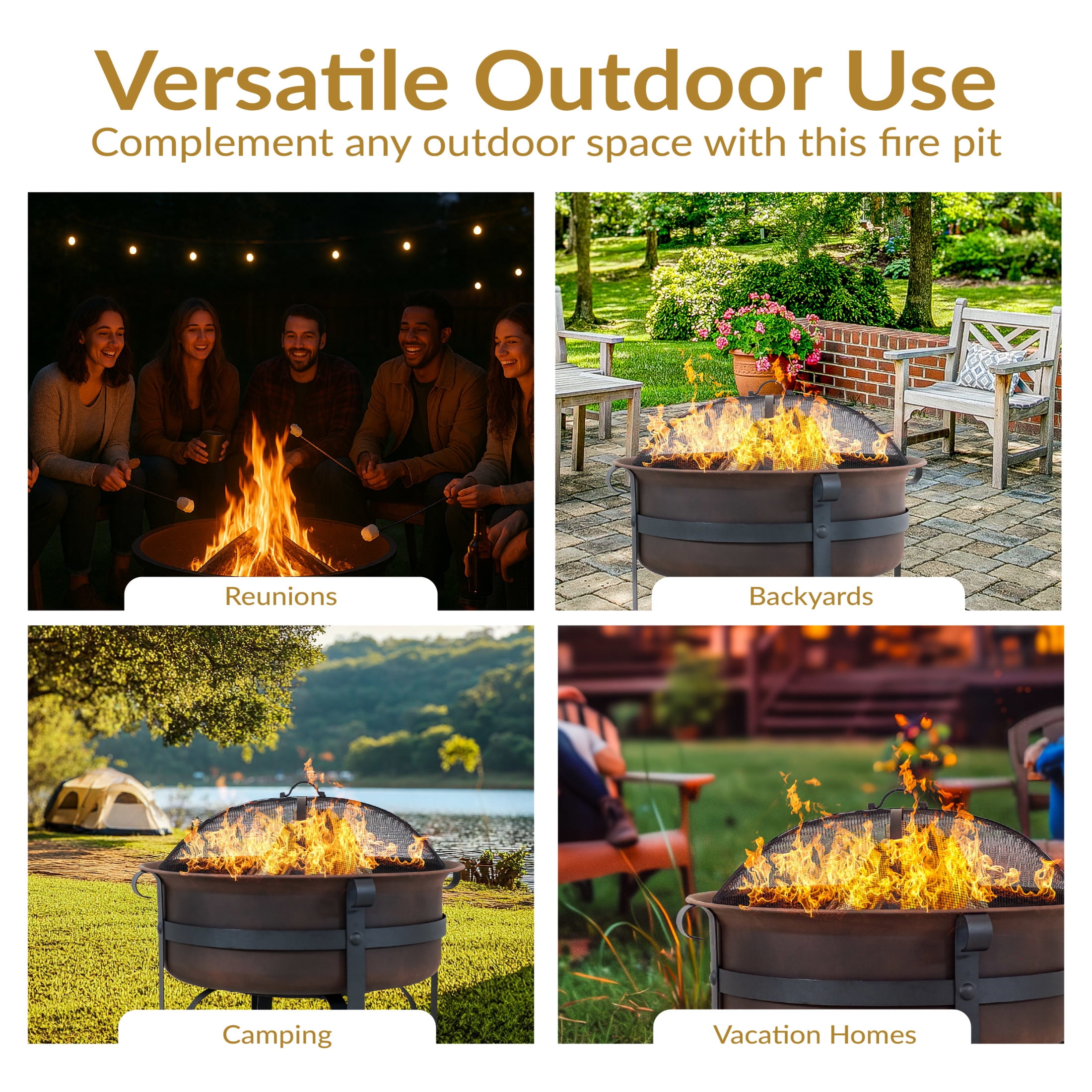 Sunnydaze 29" Round Wood-Burning Bronze Finish Steel Fire Pit Bowl with Spark Screen and Poker