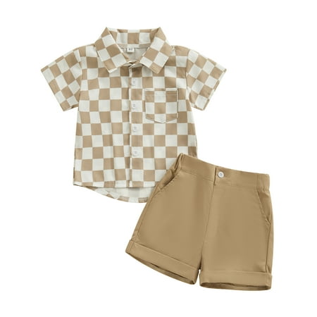 

Wallarenear Toddler Boy Gentleman Outfit Checkerboard Print Button Short Sleeves Shirt and Shorts Set for Formal Wear