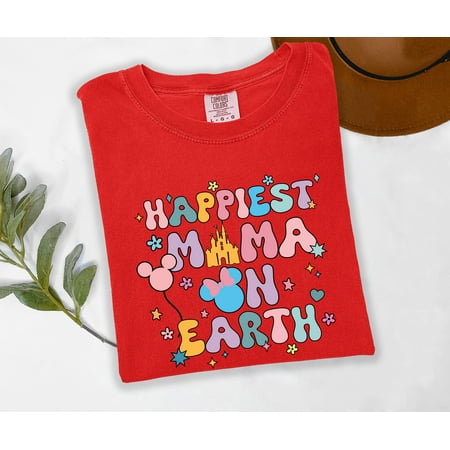 Moonlight Apparel Happiest Mama on Earth Multi-Color T-Shirt Cute Comfort Tee for Moms Magical Theme Park Inspired Graphic Shirt Fun Mother’s Day Gift Minnie Style Mom Vacation Shirt