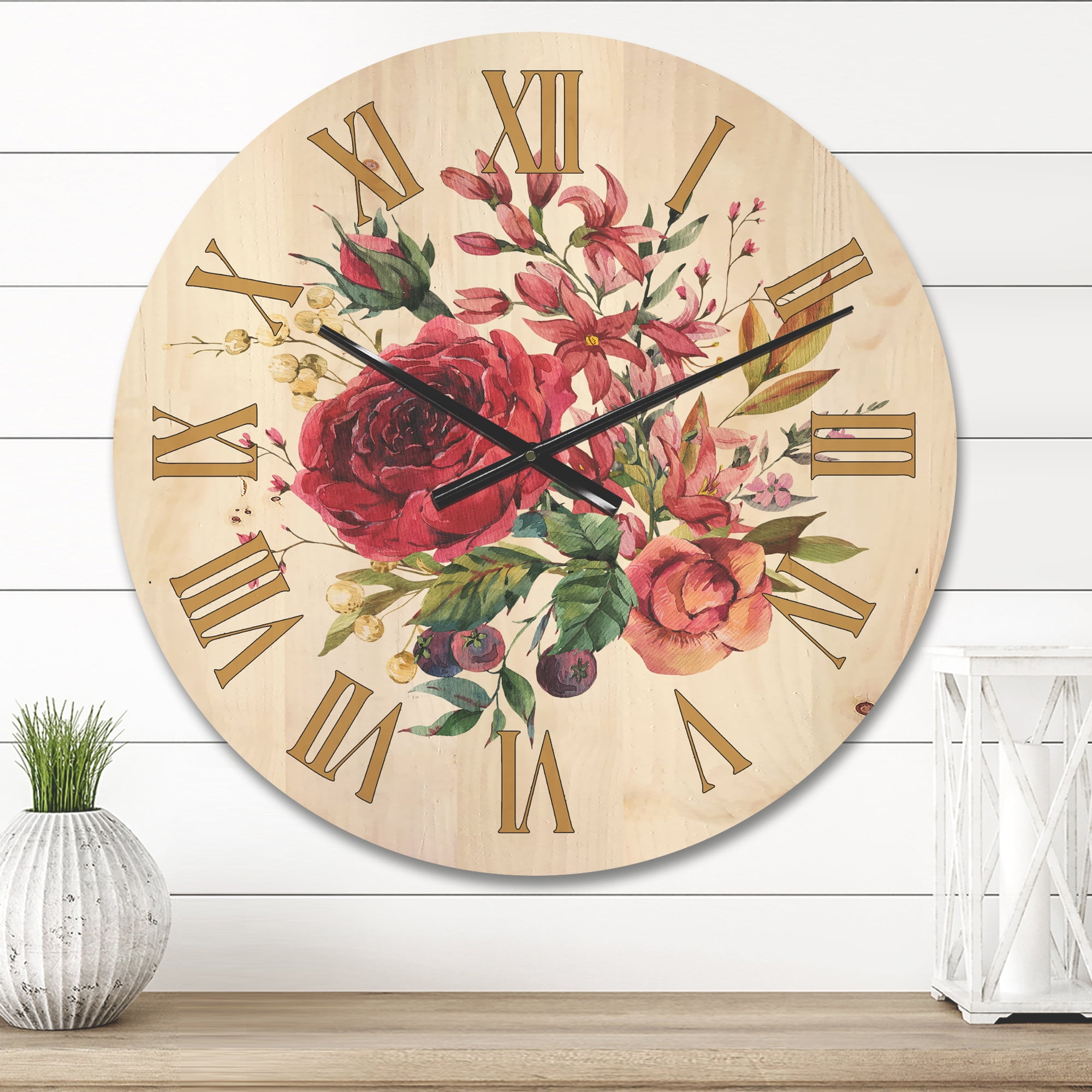 Designart 'Ancient Wildflowers and Burgundy Rose' Farmhouse Wood Wall Clock