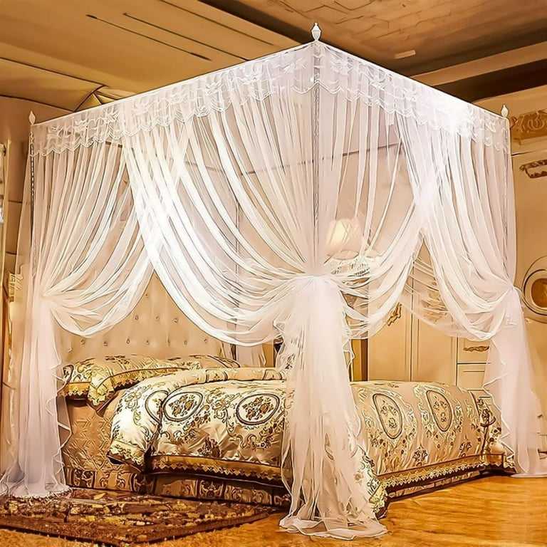 Metal canopy bed with curtains discount