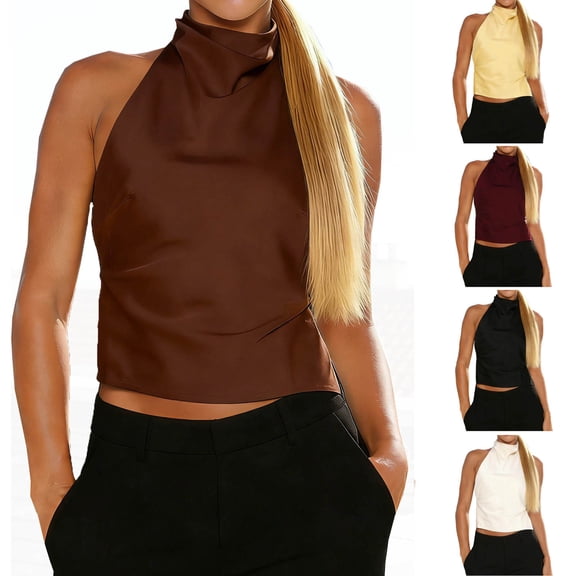 Miluxas Women's High Neck Halter Solid Top Sleeveless Backless Double Strap Cutout Tank Top for Party Club Yellow