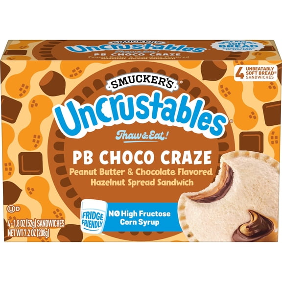 Smucker’s Uncrustables Peanut Butter and Chocolate Flavored Hazelnut Spread Sandwiches, 4 Count, 1.8 oz Each, Frozen