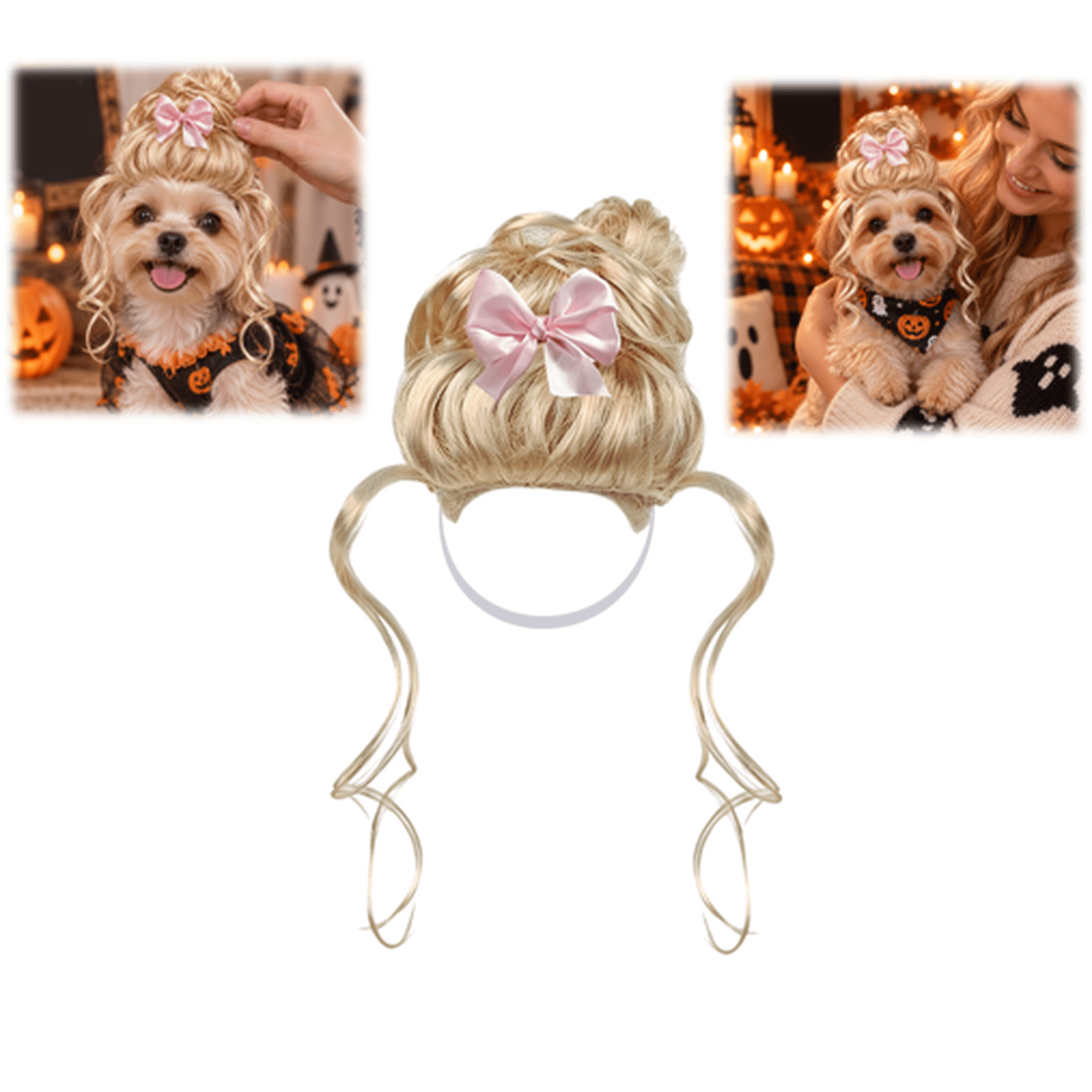Princess Halloween Dog Wig Eye‑Catching Pink Bow Curly Hair Look Easy‑Wear Pet Headwear Pet Dress‑up Accessory for Small Dogs Cosplay and Festive Events