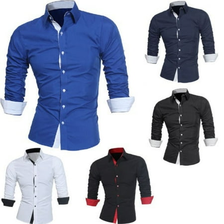 - Mens Slim Fit Long Sleeve Cotton Shirt Casual Button Business Dress T-Shirt Tops