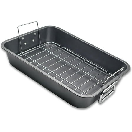 Roasting Pan With Rack 11" x 15" - Non Stick Large Roaster Pan and Flat Rack with Foldable Handles - Roasting Pans for Ovens to Elevate Food for Even Heating - Dishwasher Safe Turkey Roast Pot