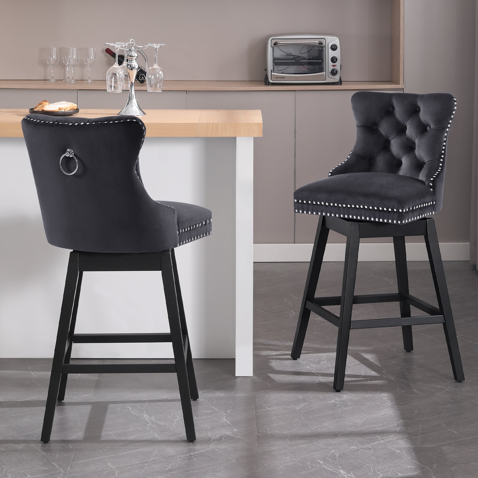 Tewloss 26" Swivel Bar Stools Set of 2 Velvet Counter Height Chairs for Home Kitchen Dining, Black