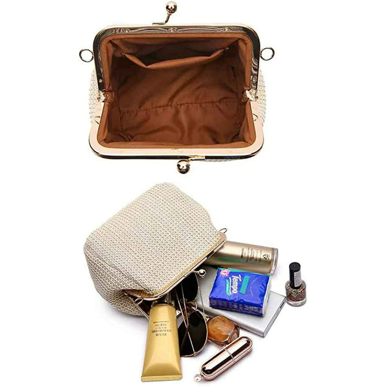 ROUROU Retro Hollow Handbag for Women Leather Shoulder Bag Evening Clutch  Bag Kiss Lock Closure Crossbody Bag Purse