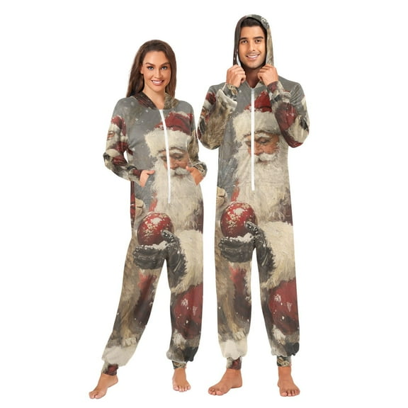 Rabbit and Santa Claus Adult Onesie Pajamas Slim Fit Christmas One Piece Suit Pjs for Women and Men Hooded Zipper