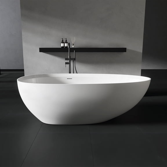 71" Resin Stone Freestanding Bathtub, Gloss White Solid Surface Soaking Tub with Overflow and Pop-up Drain