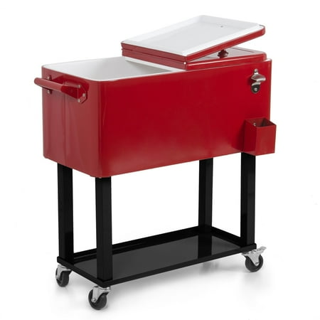 Outdoor Ice Chest Cart Belleze Rolling Ice Chest Portable Patio Drink Party Cooler Cart, 80-Quart Outdoor with Wheel, Red ()