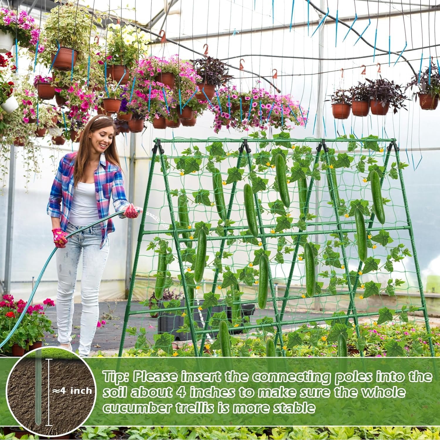 Cucumber Trellis for Raised Beds, 45 x 53 Inch Adjustable Size A-Frame Garden Trellis for Climbing  Outdoors with Climbing Net and  Support Clip for Vegetable Grape Tomato Bean Pea