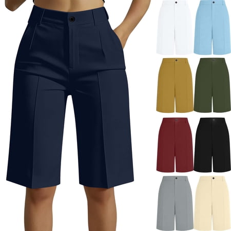 Women s Shorts Dressy Bussiness Casual Bermuda High Waist Office Workwear Golf Summer Knee Height Pleated Work Shorts with Pockets
