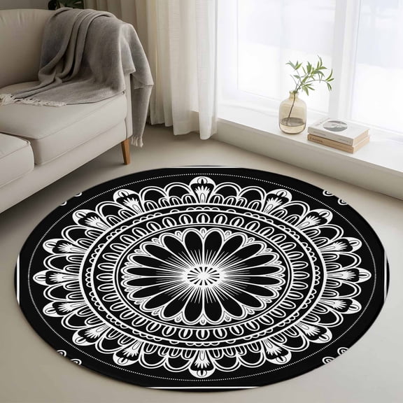 Round Rugs 4Ft, Black Boho Round Area Rug Washable Indoor Throw Carpet, Farmhouse Vintage Abstract Ethnic Floral Soft Non Slip Circle Rug for Kitchen Nursery Room Home Decor Aesthetic
