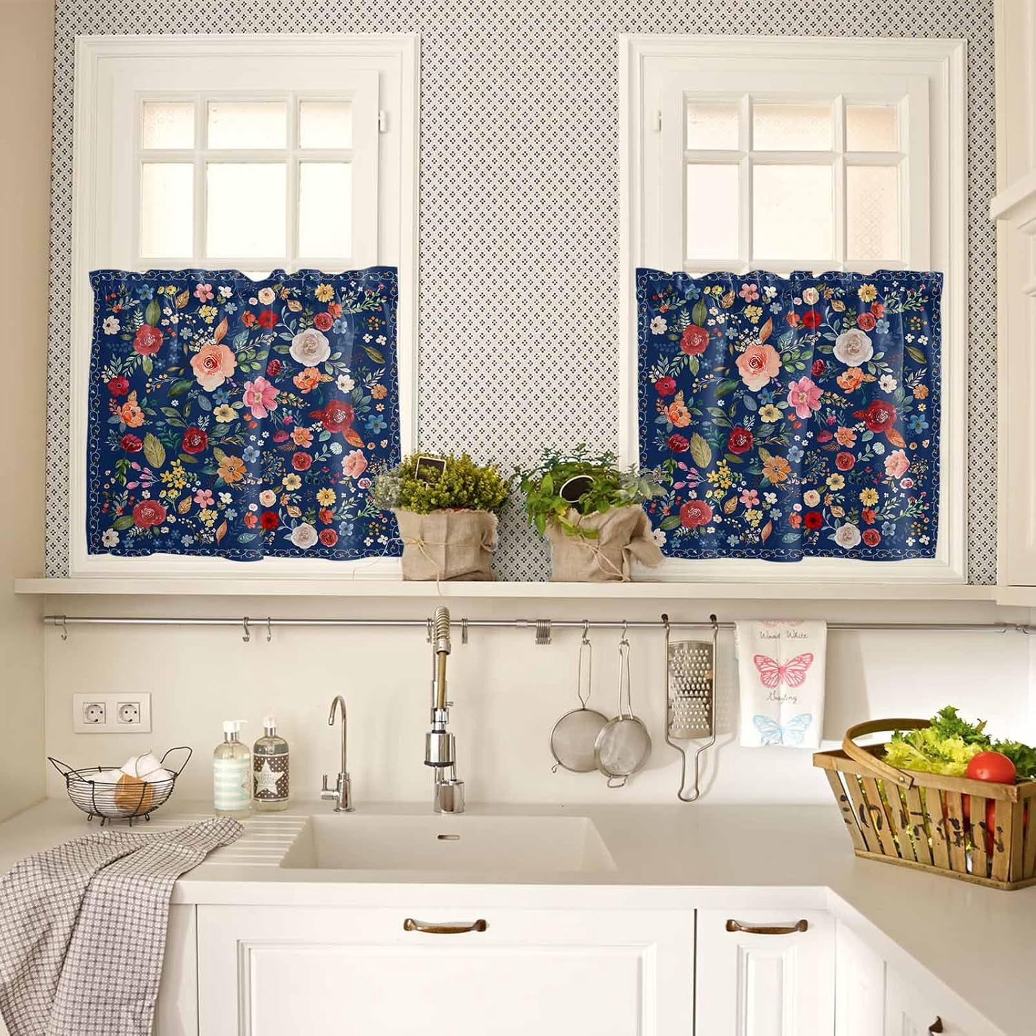 Flowers Blue Kitchen Curtains and Valances Set, Rod Pocket Curtains Tier Farmhouse Window Curtains 36 Inch Length, Summer Floral Leaves Farmhouse Retro 3 Piece Kitchen Curtains Set