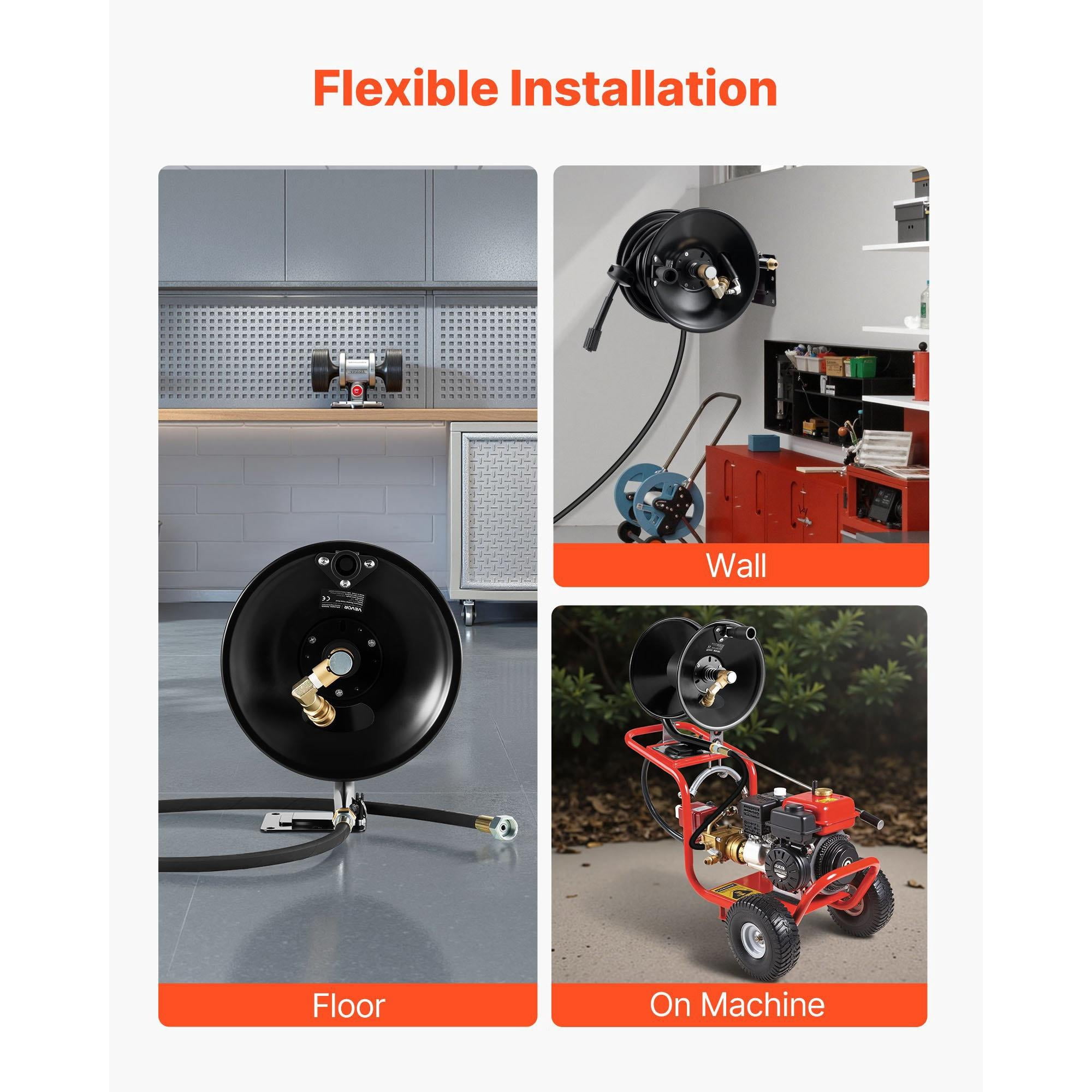 Pressure Washer Hose Reel, 50 FT x 3/8 Inch, 4000 PSI Heavy Duty Steel Mountable Reel, Black