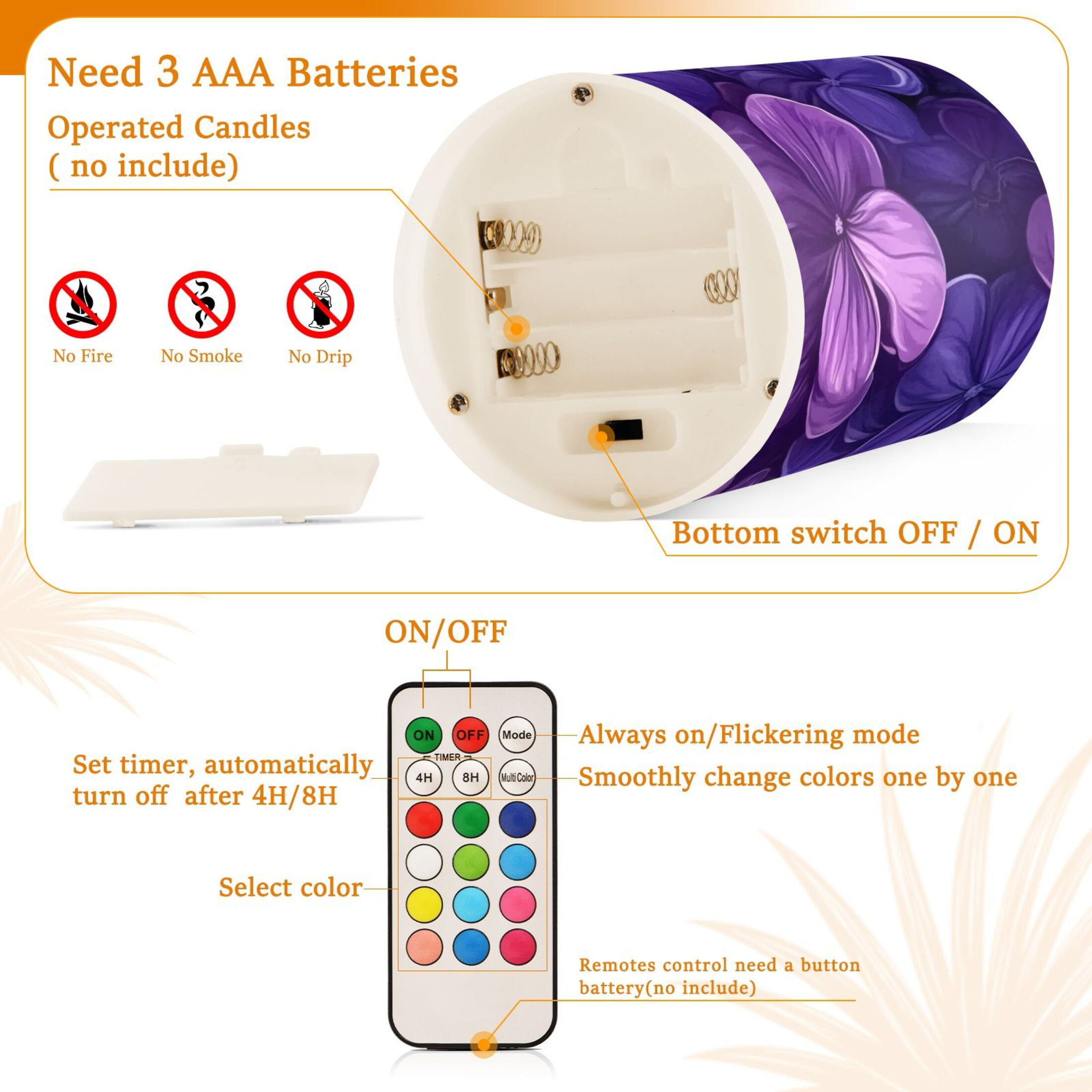 Dark Purple Flowers Flickering Flameless Candles Battery Operated with Remote Timer LED Pillar Candles Set of 2