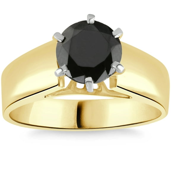 Pompeii 2Ct Round Black Diamond Solitaire Engagement Ring 14k Yellow Gold (Black,I2-I3)