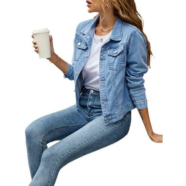 Boiiwant Veste en Jean Couleur Unie pour Femmes Bouton a Manches Longues Decontracte vers le Bas Veste en Jean de Poche Walmart