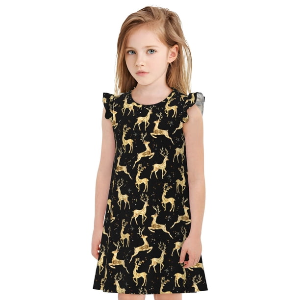 Balery Christmas Gold Deers Camisón de princesa para niñas, pijama de algodón con mangas abullonadas, suave y bonito.-Large