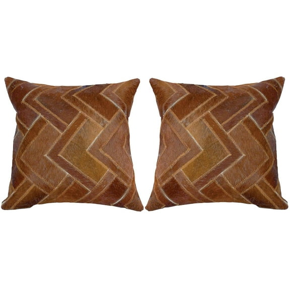 55HS Set Of 2 Cowhide Leather Hair-On Patchwork Cushion Pillow Cover 16 X 16