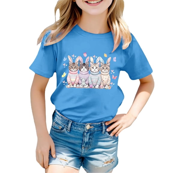 Toddlers Kids Girls Easter T Shirts Cute Cat Bunny Print Short Sleeve Crew Neck Tees Casual Tops for Spring Holiday and Daily Wear,Light Blue,160