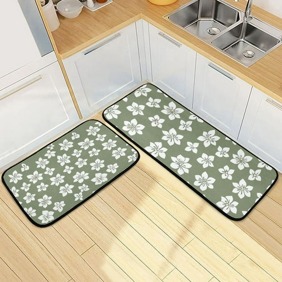 White Flowers on A Green Background Kitchen Mat Set of 2 Cushioned Non Slip Rugs for Bedroom Floor Runner Mats