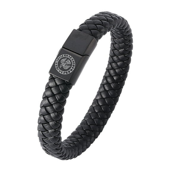 Stainless Steel Magnetic Leather Celtic Viking Raven Bracelet Nordic Norse Rune Amulet Cuff Bangle Cool Black Vikings Talisman Wristband Jewelry for Men Women,18.5cm