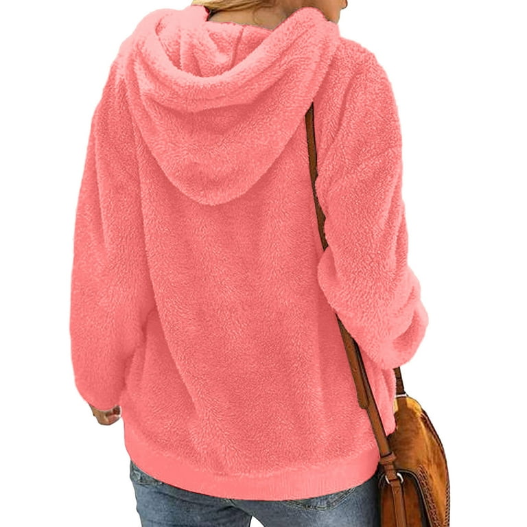 Yyeselk Women's Fuzzy Hoodies Sport Pullover Hoodie Solid Color Casual  Oversized Pockets Hooded Sweatshirt Fleece Hoodie Blouse Shirt Tops Pink L  