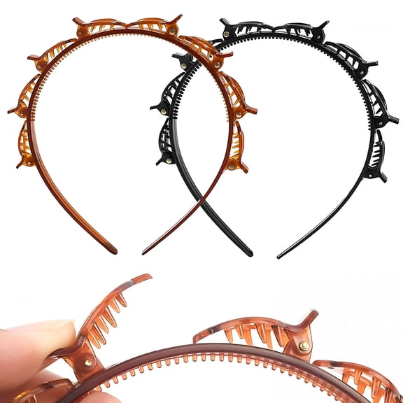 TUWAFE 2 Pieces Headband with Clips for Women,Double Layer Toothed Clip Headband and Hair Band with Clips for Easy Diy Hairstyles,Braid Tool Styling Accessories in Black and Brown