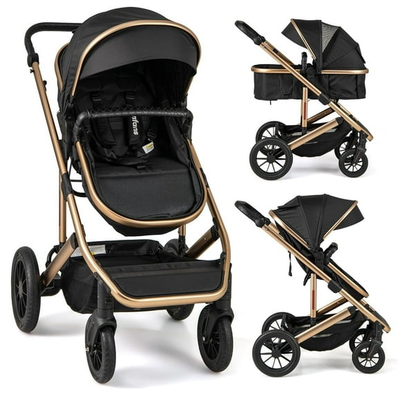 INFANS 2 in 1 Baby Stroller, Folding Newborn Pram Convertible Stroller Bassinet for Infant Foldable High Landscape Shock Absorption with Reversible Seat Aluminum Structure for Pushchair