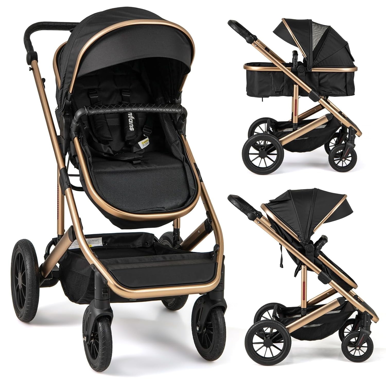 INFANS 2 in 1 Baby Stroller, Folding Newborn Pram Convertible Stroller Bassinet for Infant Foldable High Landscape Shock Absorption with Reversible Seat Aluminum Structure for Pushchair