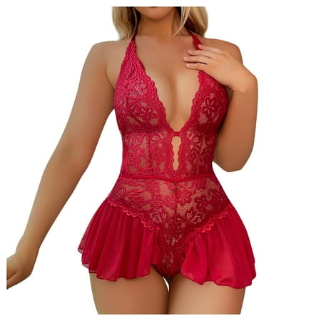

KDDYLITQ Nightdress for Women Teddy Deep V Neck Sexy Lingerie Lace Nightgown Babydoll Chemise Deep Red M