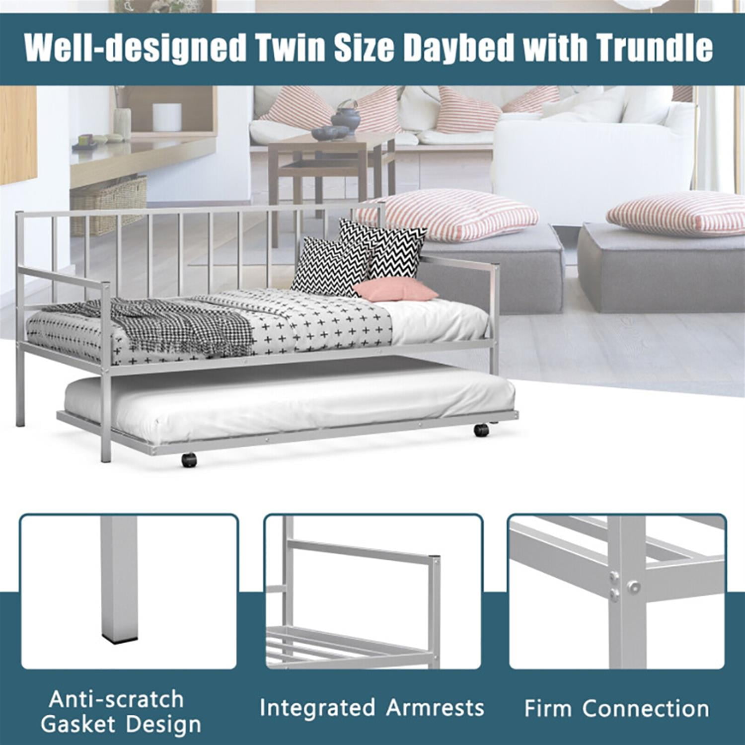 Demi Bonn Twin Size Daybed and Trundle Frame Set Trundle Bedframe, Modern Bed Frame for Teens, Silver