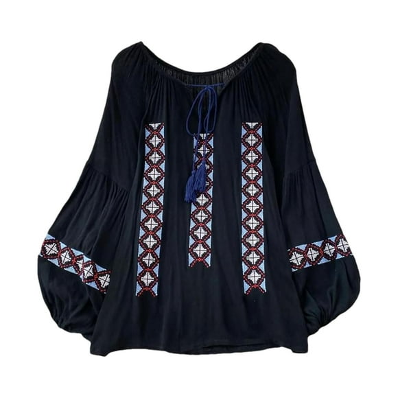 Blusa bordada para mujer Ropa Casual Tops bordados mexicanos para mujer Negro