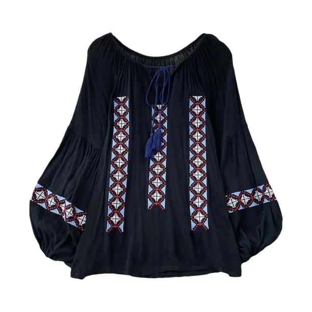 Blusa bordada para mujer, cuello redondo, ligera, informal, holgada Negro