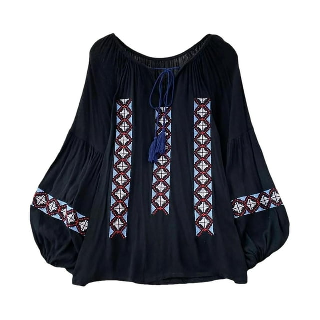 Blusa bordada para mujer Ropa Casual Tops bordados mexicanos para mujer Negro