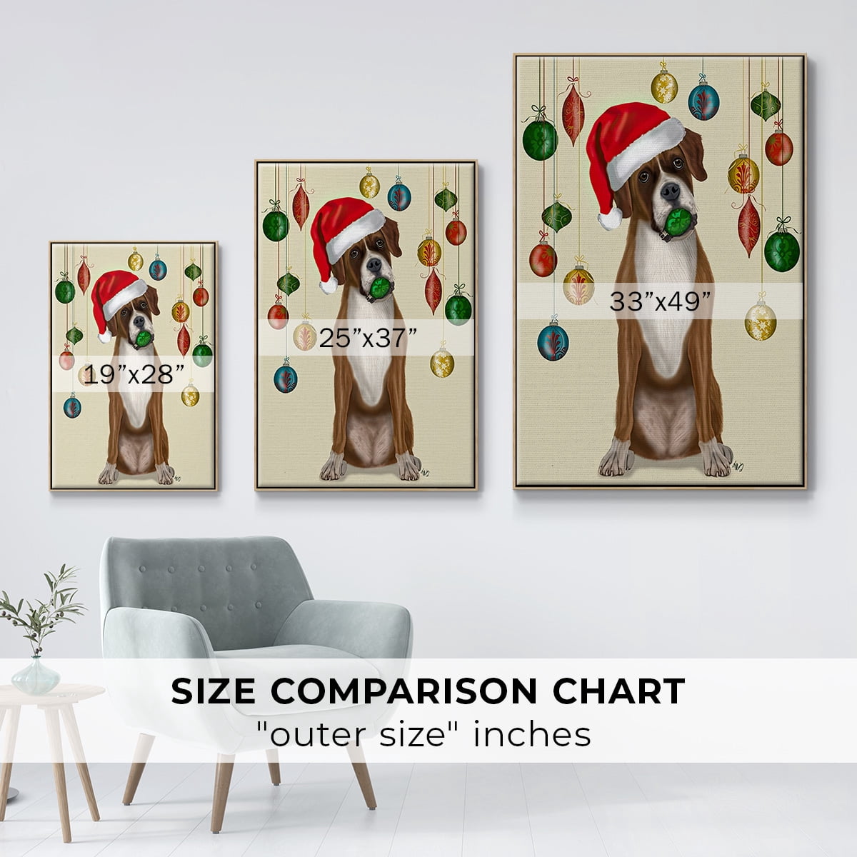 Christmas Boxer and Bauble Ball - Framed Gallery Wrapped Holiday Canvas - 17 x 25 - Natural Wood Frame