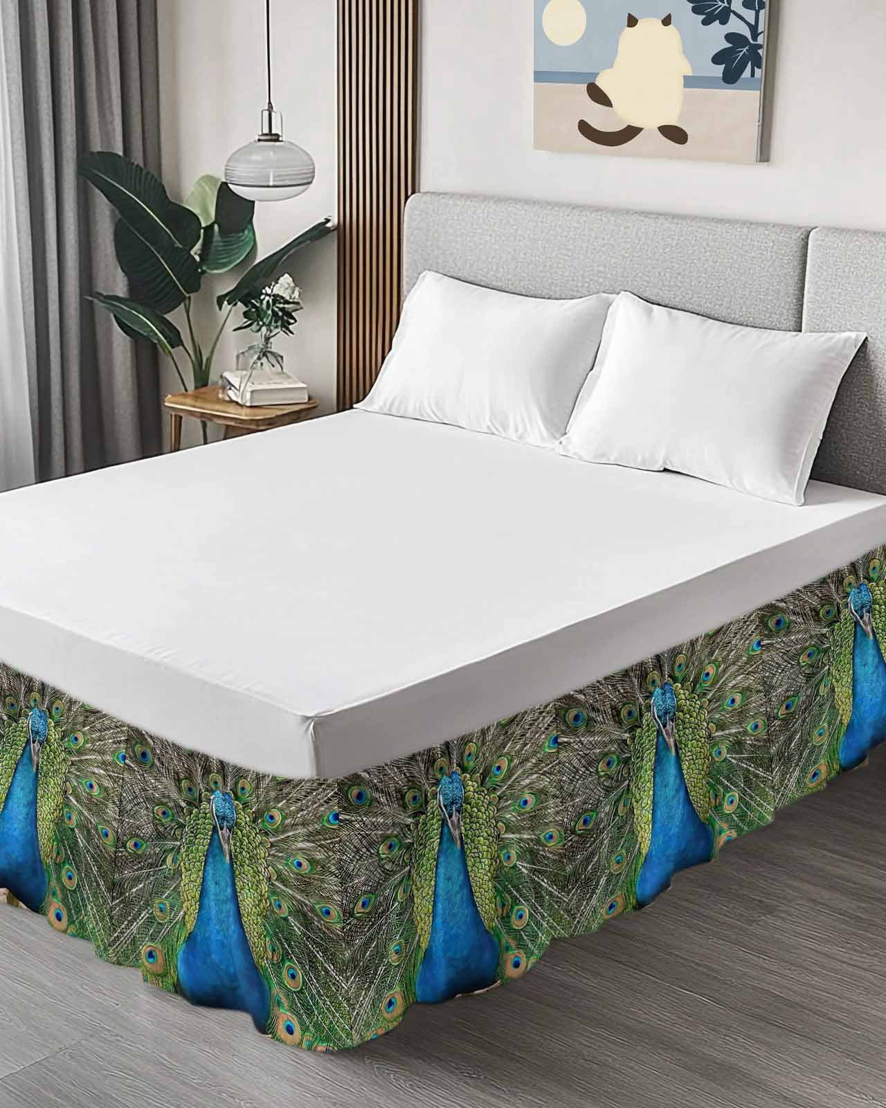 Peacock Feathers Wrap Around Bed Skirts for Queen Bed 16" Drop, Bed Skirt with Adjustable Elastic Belt Dust Ruffle Bed Valance for Bedroom Hotel Luxury Contemporary Aesthetic Art Bed Frame Cover