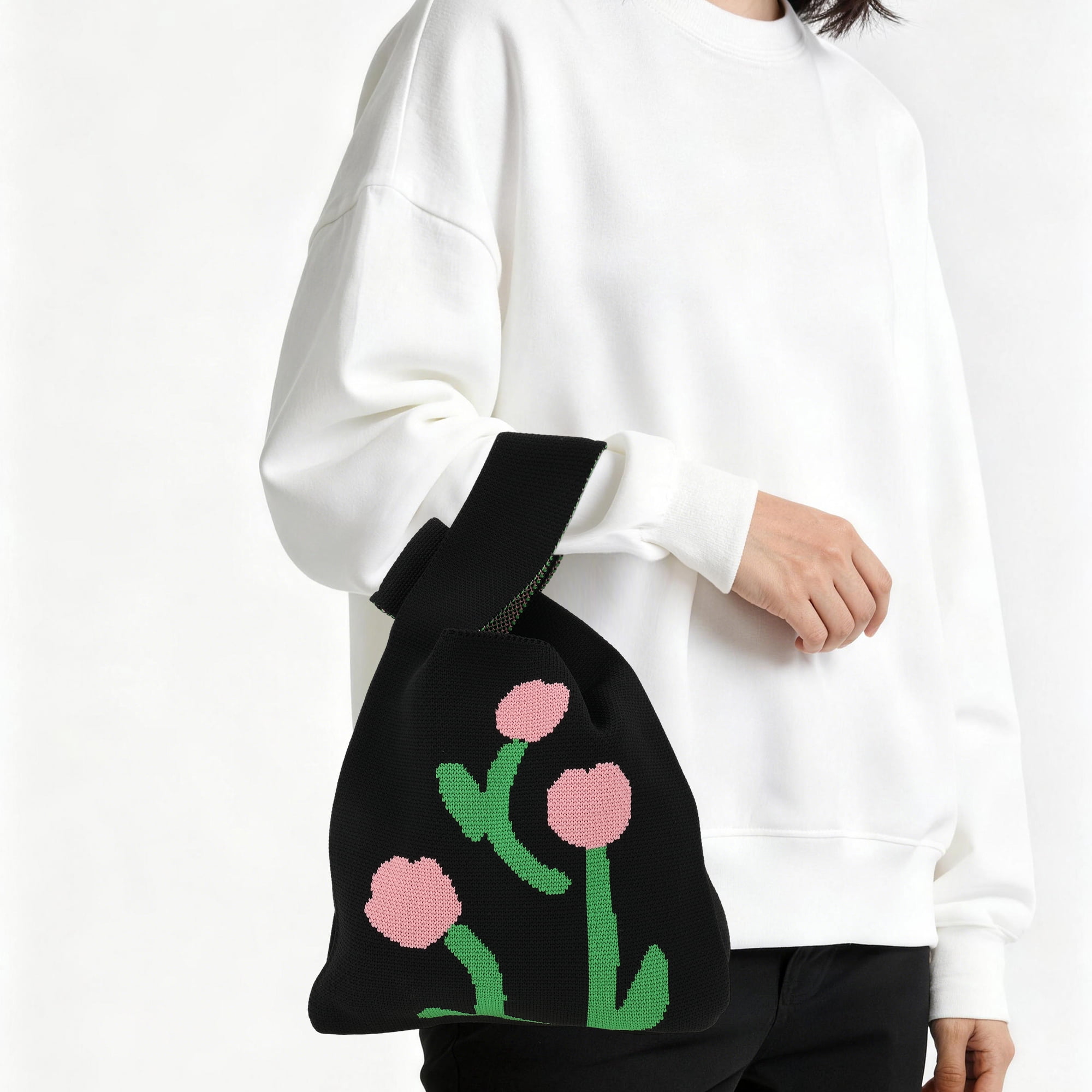 Unique Bargains Flowers Knitted Wrist Bag Black 1 Pc