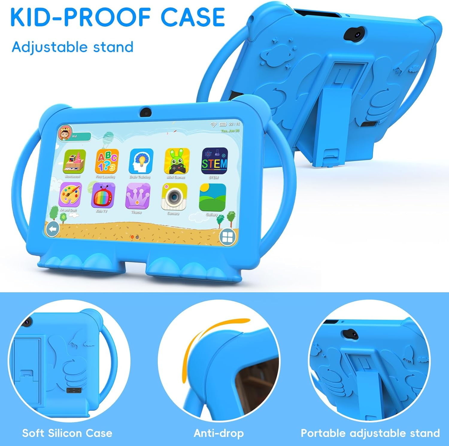 Kids Tablets 7 inch, Android 12 Tablet for Kids, 4GB RAM 32GB ROM, 512GB Expandable, with Parental Control, Google Certified Toddler Tablet, WiFi, Bluetooth, Dual Camera with Silicone Case