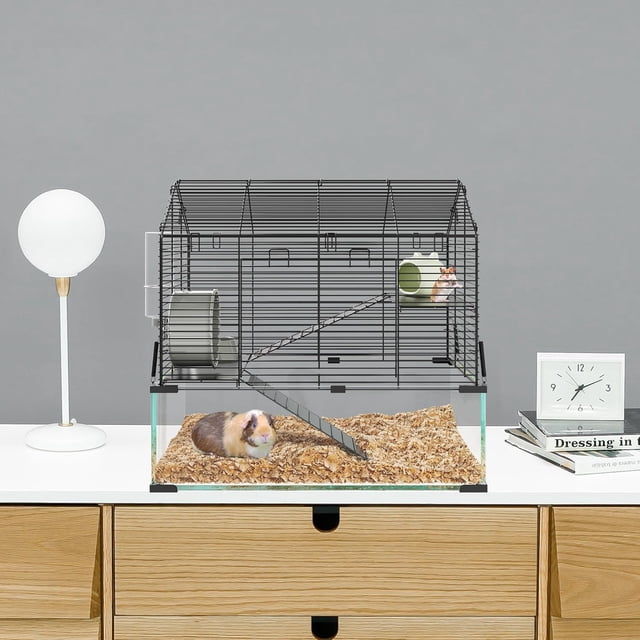 QinaQin Jaula transparente metálica para hámster de 3 niveles, hábitat amplio para mascotas pequeñas con accesorios y bebedero, ideal para hámsters, jerbos, cuyos y roedores