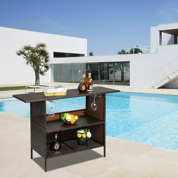 BAYUELSWU Outdoor Wicker Bar Cabinet with Storage Shelf, Patio Console Storage Table Kitchen Serving Cabinet for Patio, Backyard, Poolside